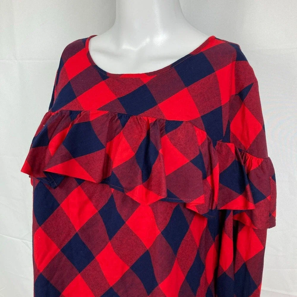 Crown & Ivy Shirt Womens Sz L Red Navy Blue Buffalo‎ Plaid Long Sleeve Ruffle